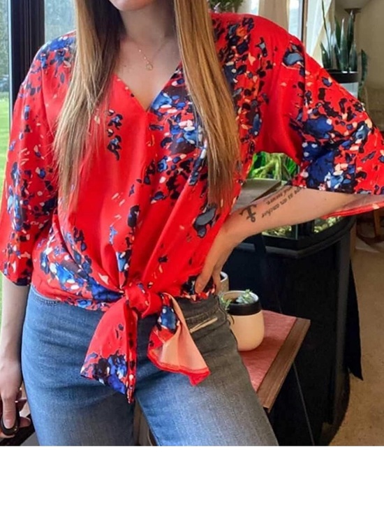 Tops - Red Floral Tie-Front Women's Blouse